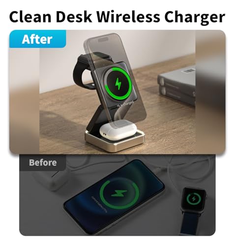 Portable 3 in1 Magsafe Wireless Charger Station for Apple iPhone, Multiple Devices, Foldable Travel Charging Stations, Magnetic Fast Charger with Light for iPhone 12-16 Series for Apple Watch & Airpod