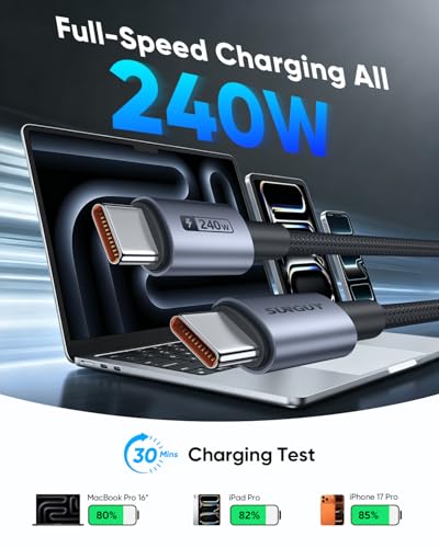 SUNGUY 240W USB C to USB C Cable [6.6FT, 2-Pack] Fast Charging Long Cord - size: 6.6FT+6.6FT