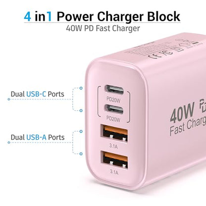 TT&C USB C Charger Block, 40W 4 Ports Wall Charger for iPhone 17,16,15,14 - color: Pink 1Pack