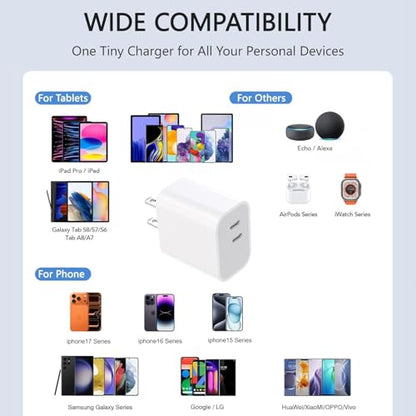 20W Type C Charger, Dual USB C Port Power Adapter Charger, Block Charging Charger for iPhone 17/16/15【4-Pack 】
