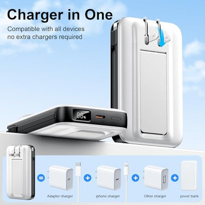 For MagSafe Portable Charger with 2 Cables & Wall Plug, Magnetic Power Bank - color: White