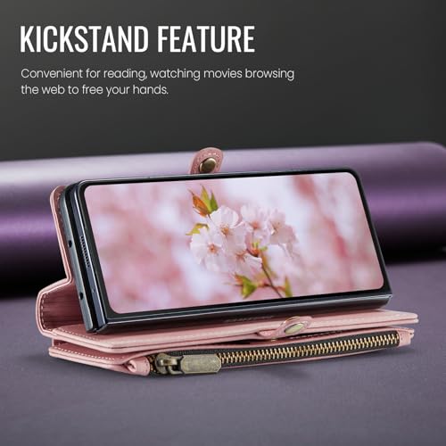 Defencase for Samsung Galaxy Z Fold 6 Wallet Case with Card Holder, Pink | Durable Soft PU Leather, RFID Blcking Zipper Pocket, with S-Pen Holder & Strap, Flip Phone Cases with Stand for Women Men - color: Airy Rose Pink