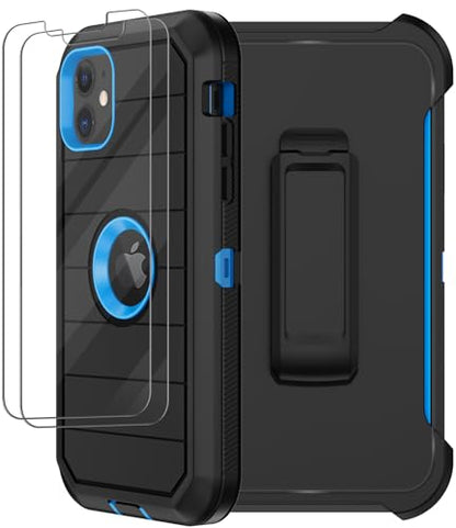 for iPhone 11 Case with Belt Clip Holster, 2 x Screen Protector, [Military Grade] Heavy Duty Full Body Shockproof Dust-Proof Drop Proof Rugged Protective Cover for Apple iPhone 11 (Black Blue B) - color: Black Blue B