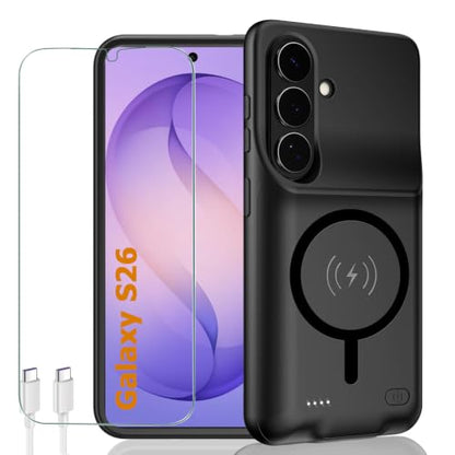 Battery Case for Galaxy S26,10000mAh Portable Protective Smart Wireless Charging Case Support Carplay Compatible with Galaxy S26 (6.3 inches) Rechargeable Extended Battery Charger Case (Black) - size: Galaxy S26