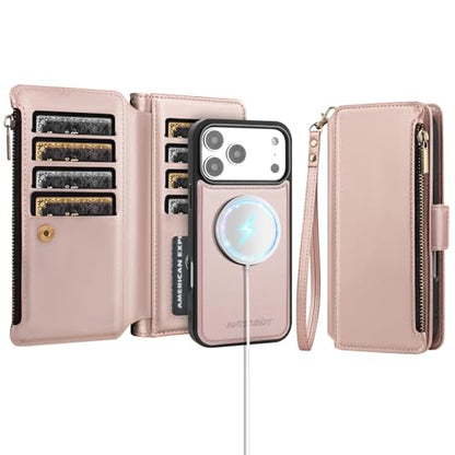 Antsturdy Compatible with MagSafe iPhone 17 Pro Wallet Case,Rose Gold | Detachable Magnetic Credit Card Holder,RFID Blocking,PU Leather Zipper Purse,Wrist Strap Kickstand,Flip Phone Cover for Women - color: (Detachable with Magsafe)-Rose Gold