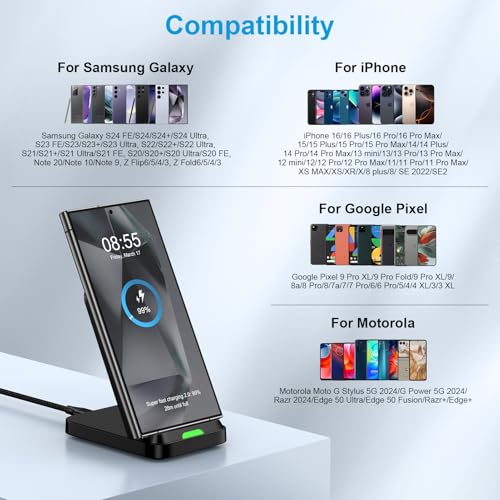 15W Fast Wireless Charger Stand, Android Desk Charging Station with Adapter