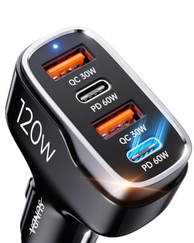 SUNDA 120W USB C Fast Car Charger, USB C Car Phone Charger, 4-Port (2 USB-C + 2 USB-A) PD 3.0/60W PPS QC 3.0, Cigarette Lighter USB Charger Adapter for Road Trip iPhone/Samsung/Google Pixel/iPad