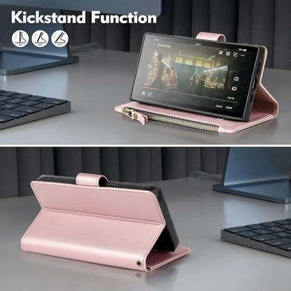 Shieldtop Compatible with Samsung Galaxy S23 Ultra 5G Wallet Case with Card Holder,Women Men RFID Blocking PU Leather Phone Case Flip Protective Cover Wrist Strap Zipper Credit Card Slots,Rose Gold - color: Rose Gold, size: Galaxy S23 Ultra - 6.8"