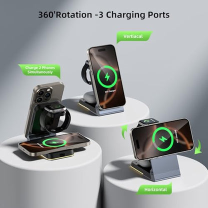 Aluminum 3 in 1 Wireless Charging Station,Foldable Wireless Charger for Apple Magsafe with Light,Portable Travel Magnetic Charger Stand for iPhone 17/16/15/14,Watch,Airpod,with PD 20W Adapter & Case - color: Black