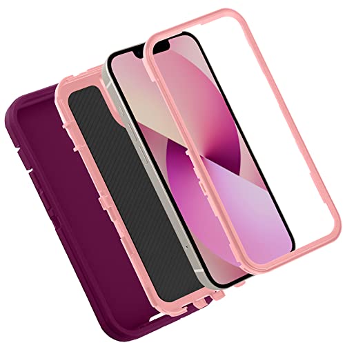 Shockproof Case For iPhone 13 with Tempered Glass Screen Protector 3 Layer Military Grade Drop Protection Heavy Duty Protection Rugged Rubber Phone Case Cover for iPhone 13 6.1 PurplePink - color: PurplePink