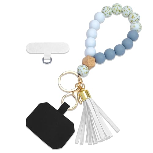 Phone Lanyard Silicone Beaded Phone Wrist Strap Cute Elastic Cell Phone Wristlet Chain Bracelet with 2 Tether Tab - color: White