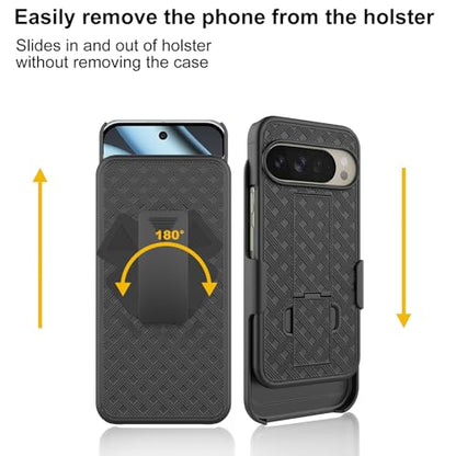for Google Pixel 10/Pixel 10 Pro Stand Case, Screen Protector-Black | Belt Clip Kickstand Holder Holster, Slim Shell Slide Pouch Full Body Protective, Rugged Shockproof Outdoor Cell Phone Cover - size: Pixel 10/Pixel 10 Pro