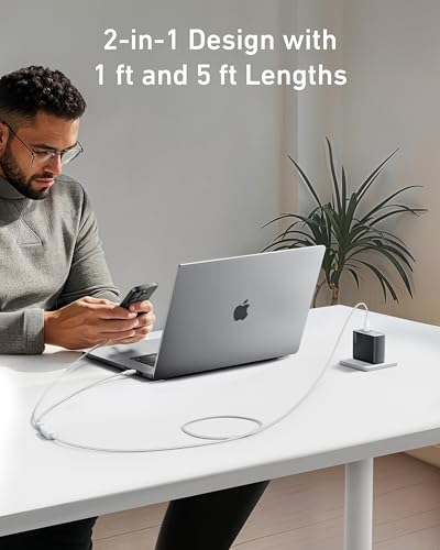 Anker 2-in-1 USB C to USB C Cable, 140W Max (1-Pack, 6 ft, White) - color: White, size: 6FT