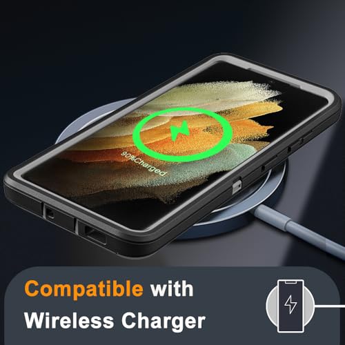 for Samsung Galaxy S21 Ultra Case with 2Pcs Self Healing Flexible TPU Screen Protector & Camera Lens Protector, 3 in 1 Heavy Duty Shockproof/Drop Proof/Dust Proof Case (Black/Grey) - color: Black/Grey