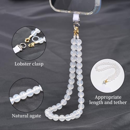 Agate Beaded Phone Wrist Strap for Women Men Stone Beads Charm Handmade Cellphone Chain Lanyard with Tether Tab - color: White-1, size: 6mm Beads