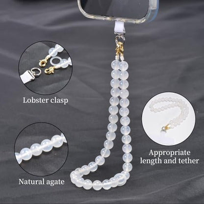 Agate Beaded Phone Wrist Strap for Women Men Stone Beads Charm Handmade Cellphone Chain Lanyard with Tether Tab - color: White-1, size: 6mm Beads