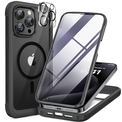 Miracase Magnetic for iPhone 12 Pro Max Case [Compatible with MagSafe] Full-Body Phone case with Built-in Glass Screen Protector& Camera Protector, Military Drop Proof 12 Pro Max Cover, Black - color: Magnetic Classic Black, size: iPhone 12 Pro Max