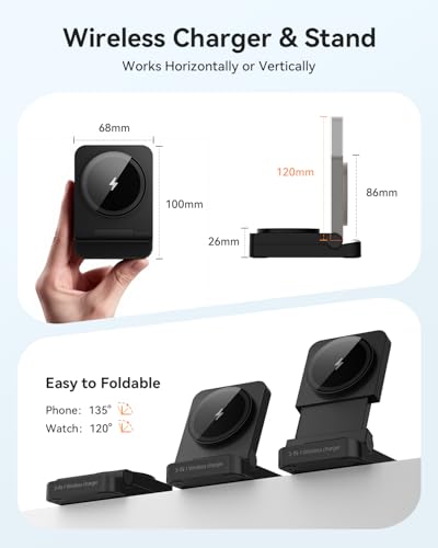3-in-1 Foldable & Retractable Magnetic Wireless Charger, 15W Fast Charging Station, Portable Fast Charging Stand, Charging for iPhone 17/16/15/14/13/12, Apple Watch, AirPods (Black) - color: Black