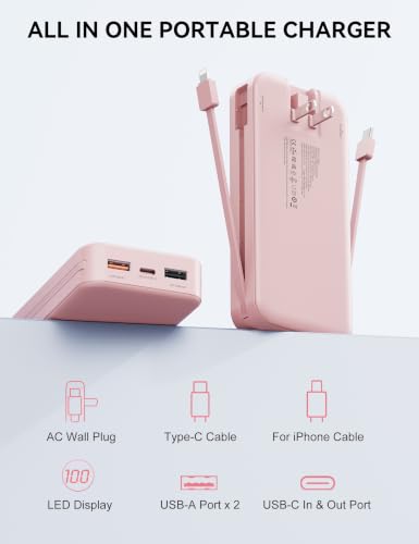 Nusyddy Portable Charger 20000mAh Fast Charging w/Built-in Wall Plug Pink - color: Magenta