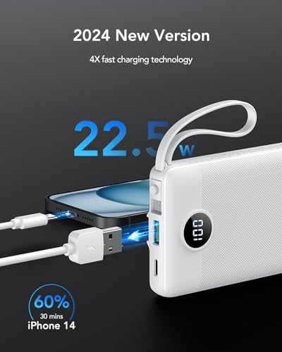 VRURC Power Bank for iPhone, 22.5W Portable Charger with Built-in Cables - color: White