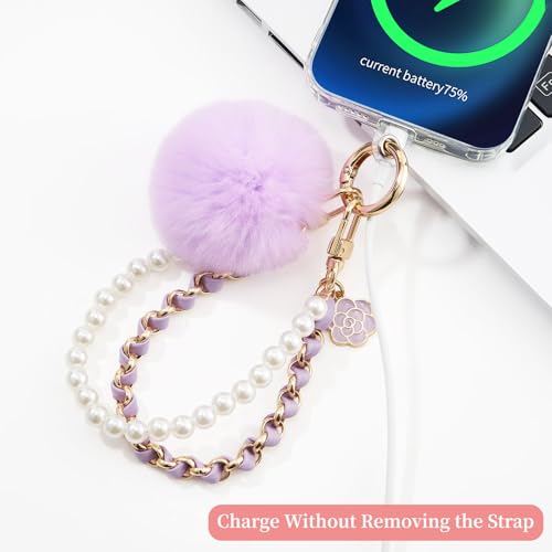 WOZEAH Phone Charm for Women, Beaded Wrist Strap Lanyard with Tether Tab – Detachable Phone Chain Wristlet - color: Purple Pompom