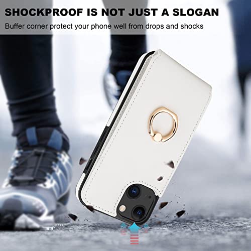 Folosu Compatible with iPhone 14 Case Wallet with Card Holder, 360°Rotation Finger Ring Holder Kickstand, RFID Blocking Leather Protective Double Buttons Shockproof Cover 6.1 Inch White - color: White, size: iPhone 14
