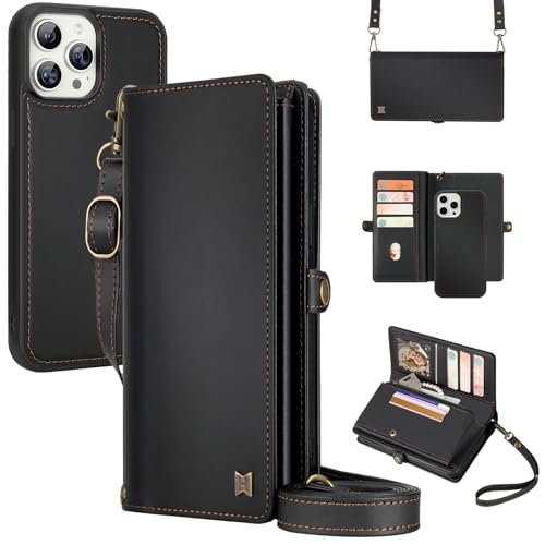 for Wallet Case Compatible with iPhone 12 Pro Max,Multi-Function Detachable 2 in 1 Magnetic iPhone 12 Pro Max Case Wallet,Flip Strap Zipper Card Holder Phone Case with Shoulder Straps (Black) - color: Black, size: iPhone 12 pro max