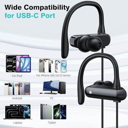 USB C Headphones Over Ear Hook Kids Sport USB-C Wired Earbuds with Loop Mic - color: Black