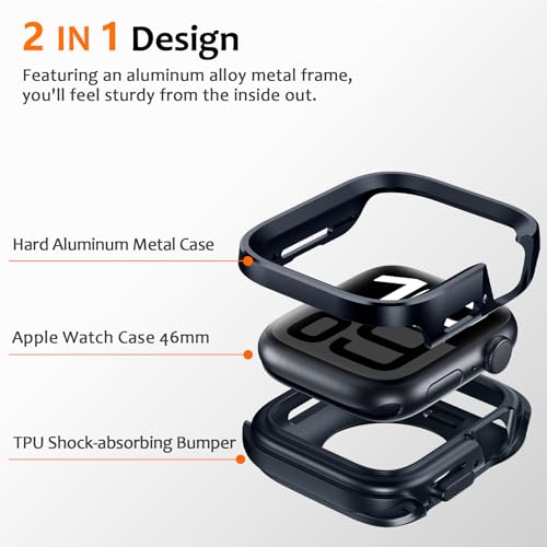 Amizee 2 in 1 Metal Rugged Case Compatible with Apple Watch Series 11/10 46mm, Aluminum Shockproof Protective Bumper Cover for iWatch 46mm, Blue - color: Blue, size: 46mm