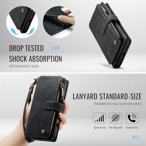 Samsung Galaxy S24 FE 5G Wallet Case with Card Holder Kickstand Magnetic Zipper Pocket Lanyard Strap Wristlet,Leather Flip Case Wallet for Samsung Galaxy S24 FE 6.7 Inch(Black) - color: Black, size: S24 FE 5G 6.7 Inch