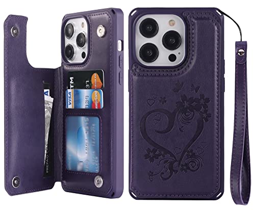 iCoverCase Compatible with iPhone 14 Pro Max Wallet Phone Case with Card Holder for Women, RFID Blocking Embossed PU Leather Wrist Strap Case 6.7 Inch (Heart Dark Purple) - color: H-Dark Purple