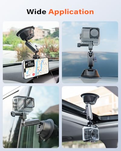 A2C Suction Cup Mount for Gopro iPhone, Anti-Shake Metal Arm Car Camera Mount with 1/4 Thread & Phone Holder, Car Boat Windshield Window VLOG/Video Holder for Gopro Hero Insta360 DJI Action Camera