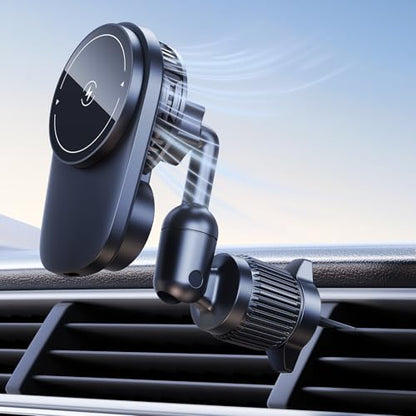 Long-arm Wireless Magnetic Car Phone Holder Mount with Cooling Fan & RGB Lights, 15W Fast Charging Auto-Rotate Charger for iPhone 17/16/15/14/13/12 S25 Samsung Google, Car Air Vent Mount - size: Vent clip