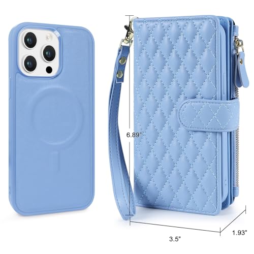 for iPhone 14 Pro Max Case Wallet,Compatible with MagSafe 2 in 1 Magnetic Detachable PU Leather RFID Blocking Wallet Cover Card Holder Zipper Wrist Strap Lanyard,Quilted Blue - color: Quilted Blue, size: iPhone 14 Pro Max
