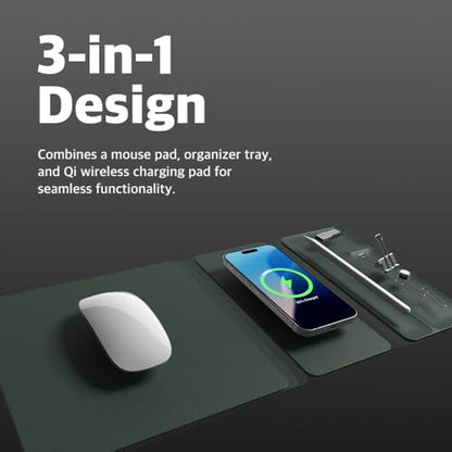 POUT H3 Split Max 3-in-1 Wireless Charging Mouse Pad – Fast Qi Charger, Mousepad Mat, and Magnetic Tray Organizer – Compatible with Smartphones and Earbuds (Deep Green)