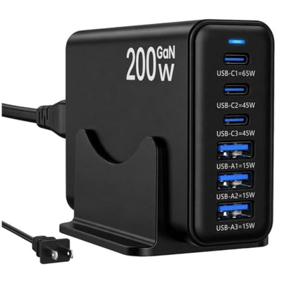 200W GaN Charging Station, 6-Port USB-C Desktop Charger - color: Black-200