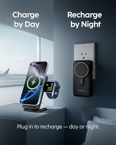 myCharge EcoHub 3-in-1 Magnetic Wireless Charger & Battery Pack for iPhone, iWatch, AirPods - 6,000mAh Battery | Built-in Wall Plug | 15W Magsafe Wireless Output | Foldable | Charging Station | Black