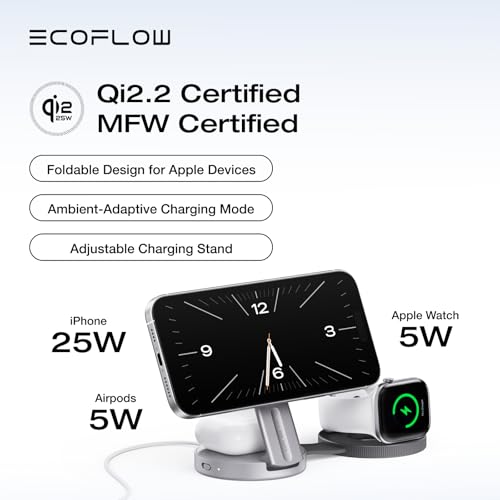 EF ECOFLOW Rapid Mag 3-in-1 Magnetic Wireless Charging Station, Qi2.2 25W Foldable MagSafe Charger Stand for iPhone 17/16/15, Apple Watch & AirPods, Travel-Ready, with 45W Adapter, Black - color: Black