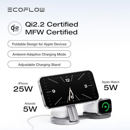 EF ECOFLOW Rapid Mag 3-in-1 Magnetic Wireless Charging Station, Qi2.2 25W Foldable MagSafe Charger Stand for iPhone 17/16/15, Apple Watch & AirPods, Travel-Ready, with 45W Adapter, Black - color: Black