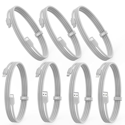 7-Pack Assorted 4FT Individual USB and USB-C Cables, Compatible/w iPhone17,16,15, iPhone14-5/ iPad/MacBook/Samsung Moblie/Tablet/Pixel/Nexus/HTC/Hub/Charging Station etc. (White) - color: White