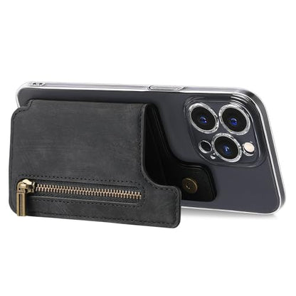 Wallet Stick on Phone Case, Credit Card Holder for Back of Phone Cases Retro Flip Leather Zipper Sleeve Pouch Compatible with iPhone, Samsung Galaxy Android Most Smartphones Black - color: Black