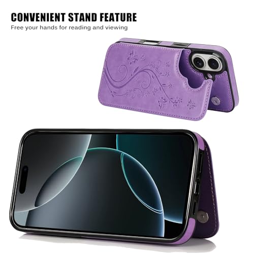 Wallet Case Compatible with iPhone 16 6.1”, Slim Protective Case with Card Holder,Premium PU Leather Kickstand Card Slots Case with Double Magnetic Clasp-Purple - color: Purple-F, size: iphone 16 6.1"
