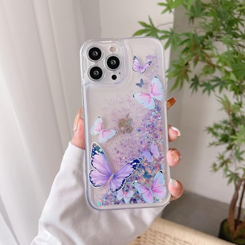Compatible with iPhone 16 Pro Max Glitter Butterfly Case Glow in The Dark Women Girls Girly Bling Sparkle Flowing Quicksand Light up Case Soft TPU Bumper Luminous Clear Phone Cover, Purple - color: Purple, size: iPhone 16 Pro Max