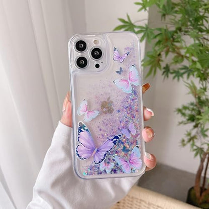 Compatible with iPhone 16 Pro Max Glitter Butterfly Case Glow in The Dark Women Girls Girly Bling Sparkle Flowing Quicksand Light up Case Soft TPU Bumper Luminous Clear Phone Cover, Purple - color: Purple, size: iPhone 16 Pro Max
