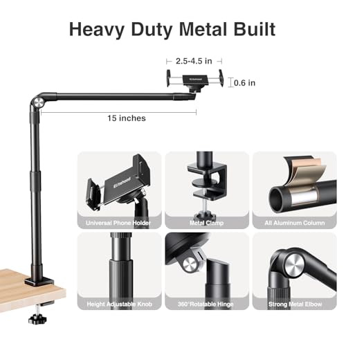 elitehood Aluminum Arm Phone Holder for Bed [360° Swivel Tilt Rotation], Adjustable Bedside Phone Holder Laying Down, iPhone Stand for Bed Desk Overhead, iPhone Clamp Mount Fit All 4-7’’ Cellphone
