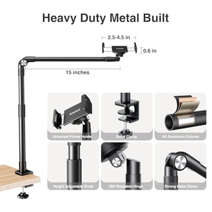 elitehood Aluminum Arm Phone Holder for Bed [360° Swivel Tilt Rotation], Adjustable Bedside Phone Holder Laying Down, iPhone Stand for Bed Desk Overhead, iPhone Clamp Mount Fit All 4-7’’ Cellphone