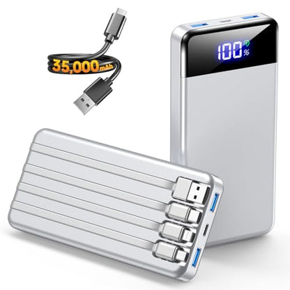 SABANI Portable Charger 35000mAh Power Bank, 4 Built in Cable Big Capacity - color: Silver