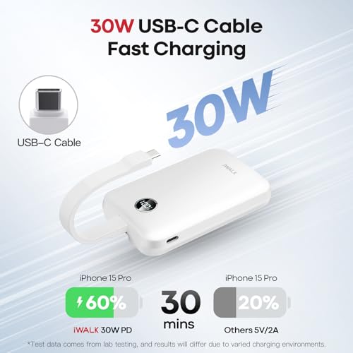 iWALK Magnetic Power Bank 10000mAh, 30W Wireless Portable Charger with Fast Charging USB-C Cable,Qi2 Certified 15W Battery Pack with LED Display for iPhone 17/16/16 Pro/15/14/13 Series, Samsung Galaxy - color: White