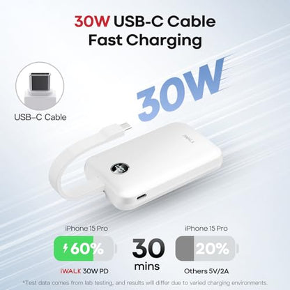 iWALK Magnetic Power Bank 10000mAh, 30W Wireless Portable Charger with Fast Charging USB-C Cable,Qi2 Certified 15W Battery Pack with LED Display for iPhone 17/16/16 Pro/15/14/13 Series, Samsung Galaxy - color: White