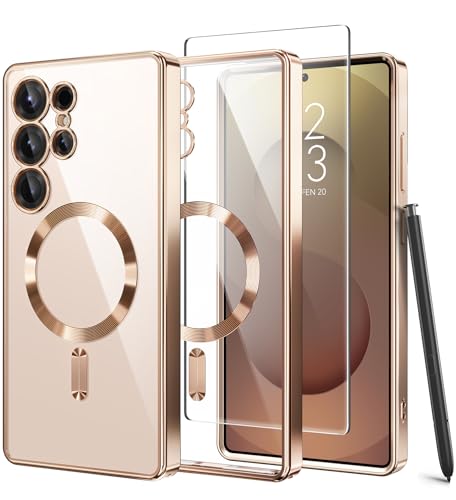 Magnetic Case Compatible with Samsung Galaxy S25 Ultra,Compatible with MagSafe,[Full Camera Protection][Screen Protector] Shockproof Plating Clear Phone Cover for Galaxy S25 Ultra(Rose Gold/Clear) - color: Rose Gold/Clear, size: Samsung Galaxy S25 Ultra 6